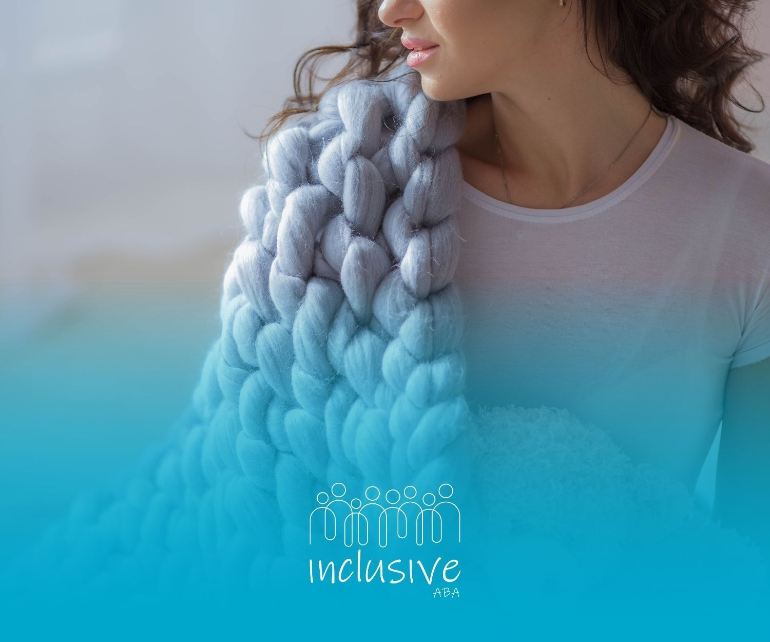 Woman wearing a large, gray, chunky knit scarf; blue ombre overlay; 