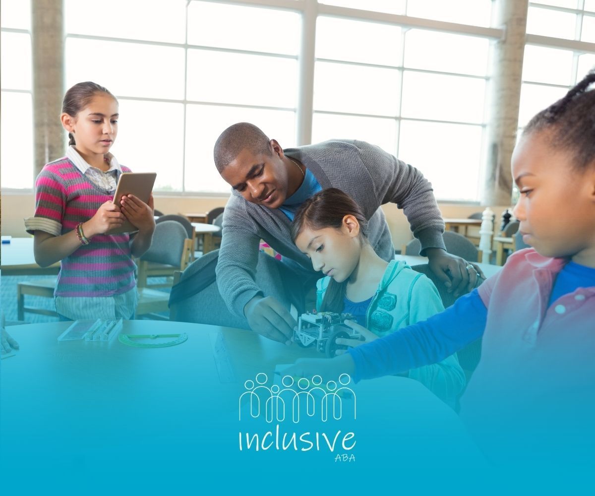 Students and teacher using a tablet in a bright classroom, with “inclusive” text overlay