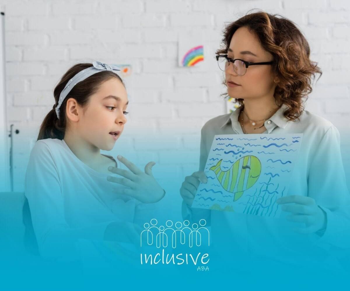 ABA therapist and autistic girl discuss her drawing of a fish in ABA therapy.