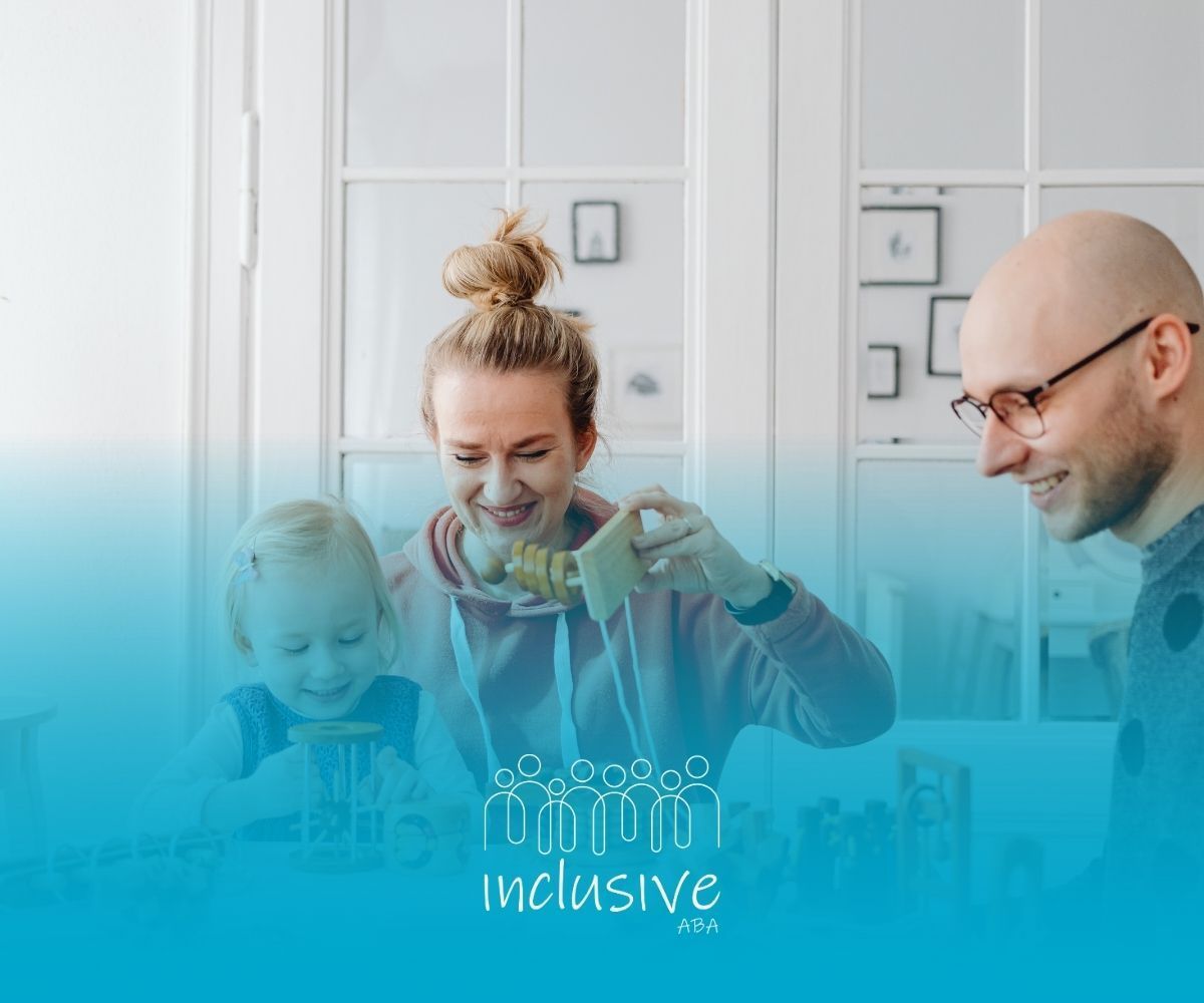 Family at a table, smiling. Woman adds food to a child's plate, man looks on. White room, teal overlay.