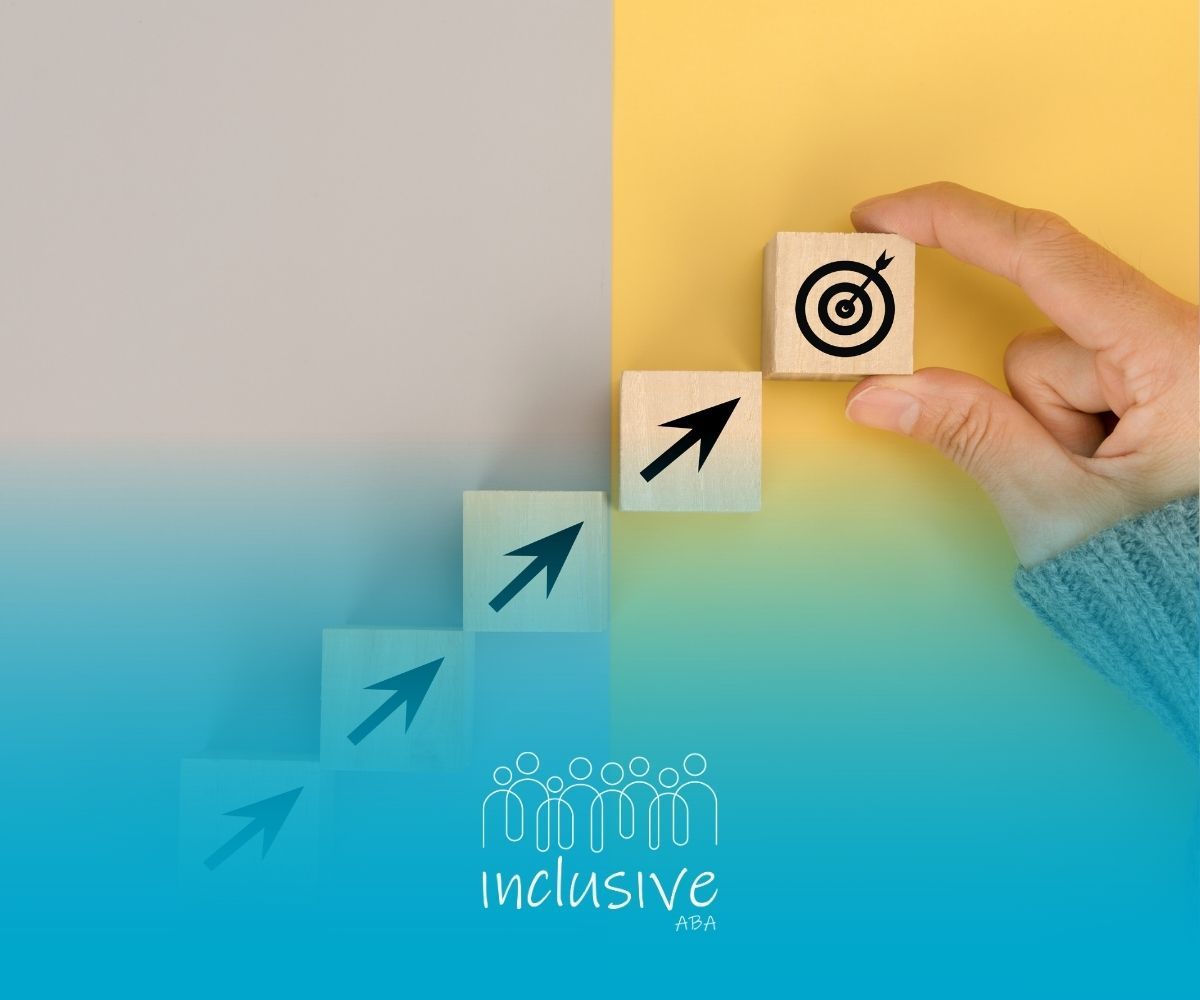 Hand placing a block with a target symbol on top of a set of blocks with upward arrows, signifying goals.