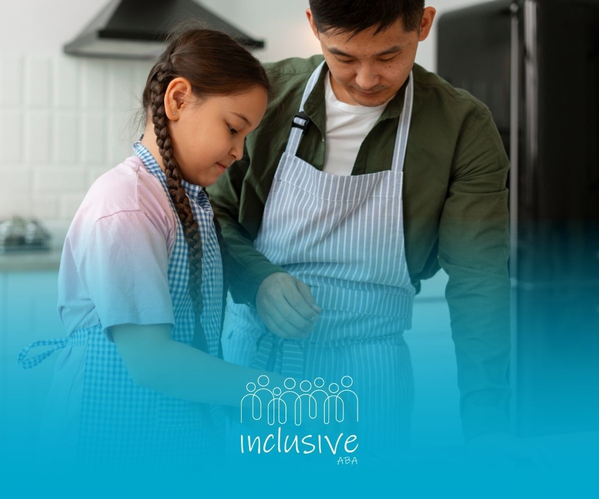 A male ABA therapist and daughter making sushi in a kitchen, with the daughter actively helping.