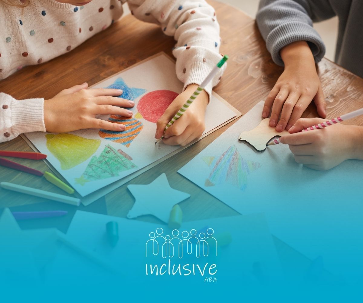 Two children drawing together at a table; colorful artwork and markers. 