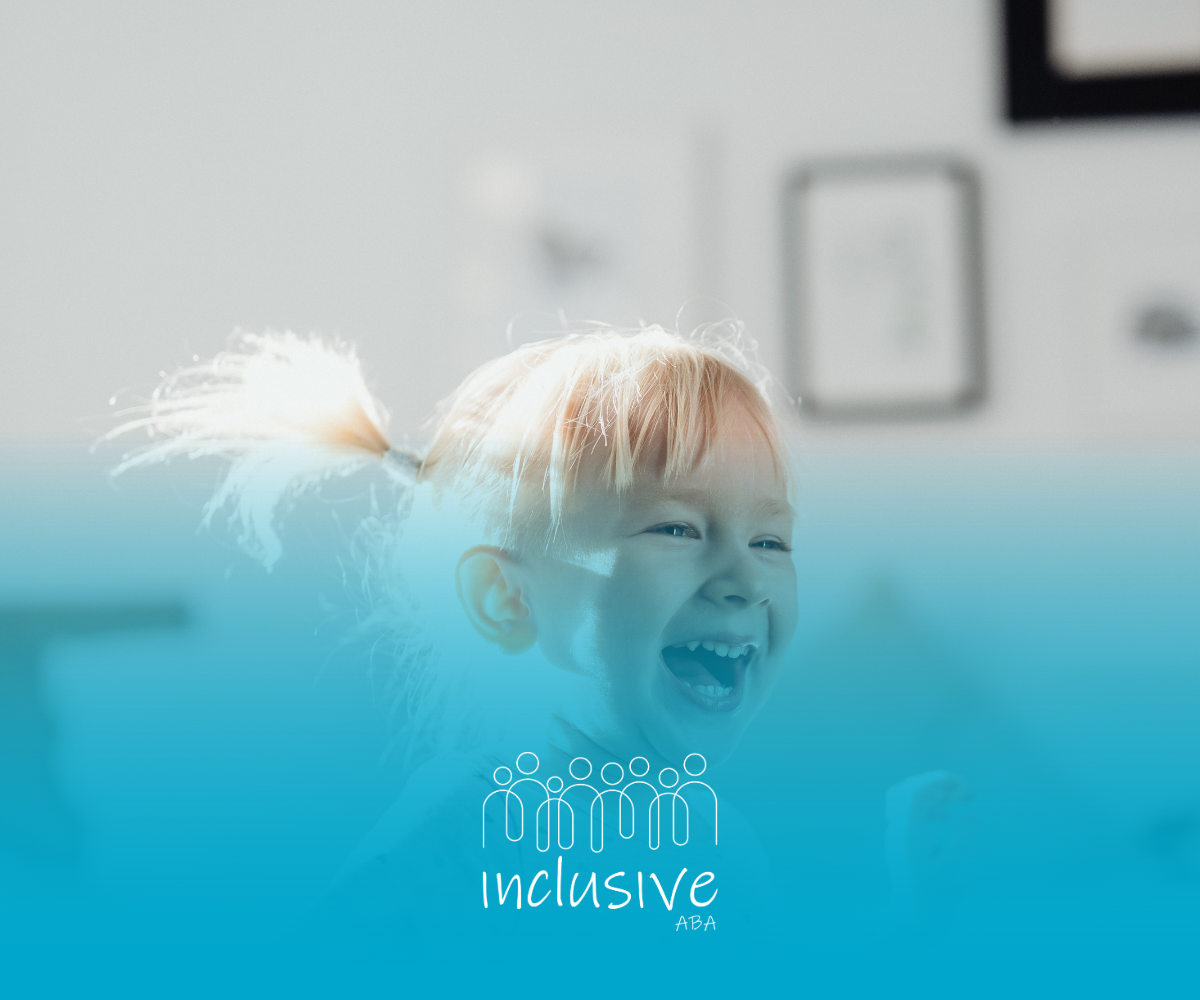 Blonde child laughing, ponytail up. Blue gradient background, inclusive logo at bottom.