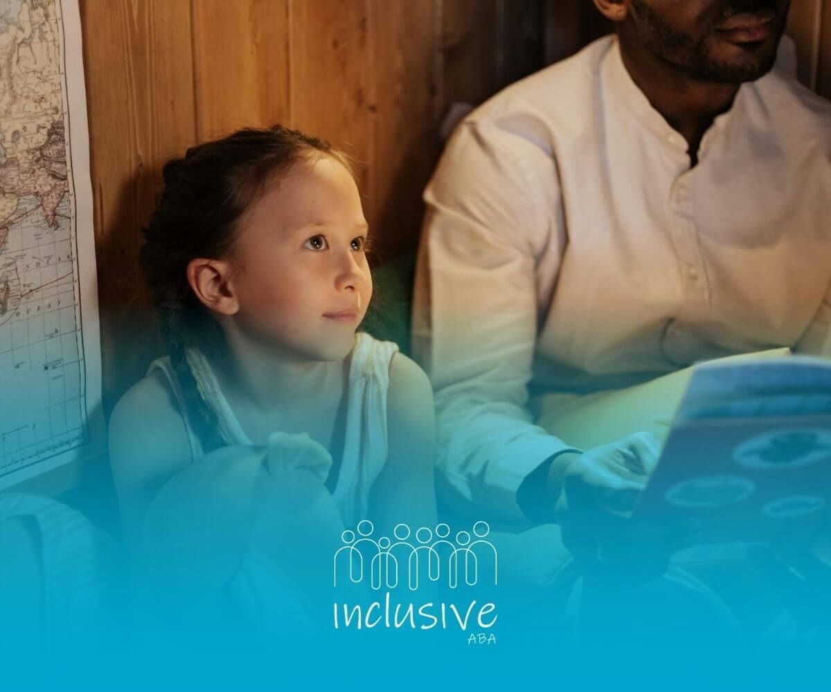 A male therapist reading a book to his autistic daughter, with a calm and cozy atmosphere.