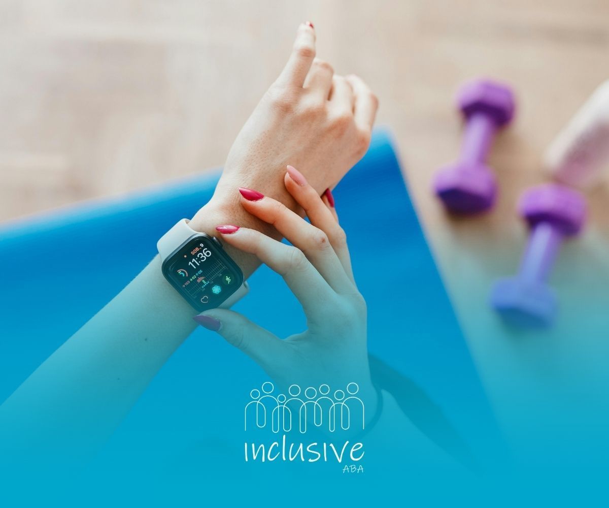 Person checking fitness watch on wrist, blue yoga mat, purple dumbbells.