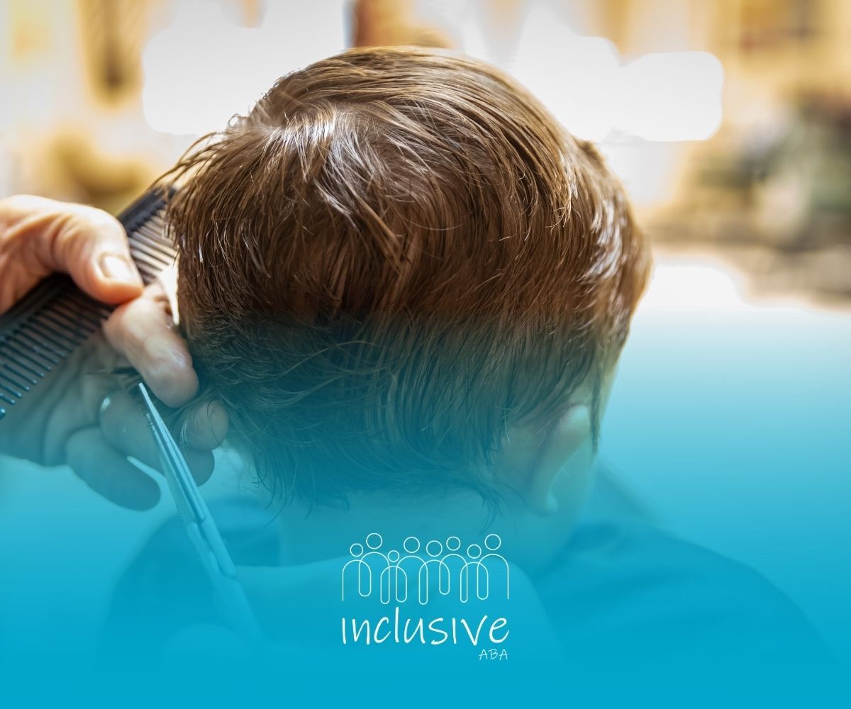 Person getting a haircut, hand with comb and scissors.
