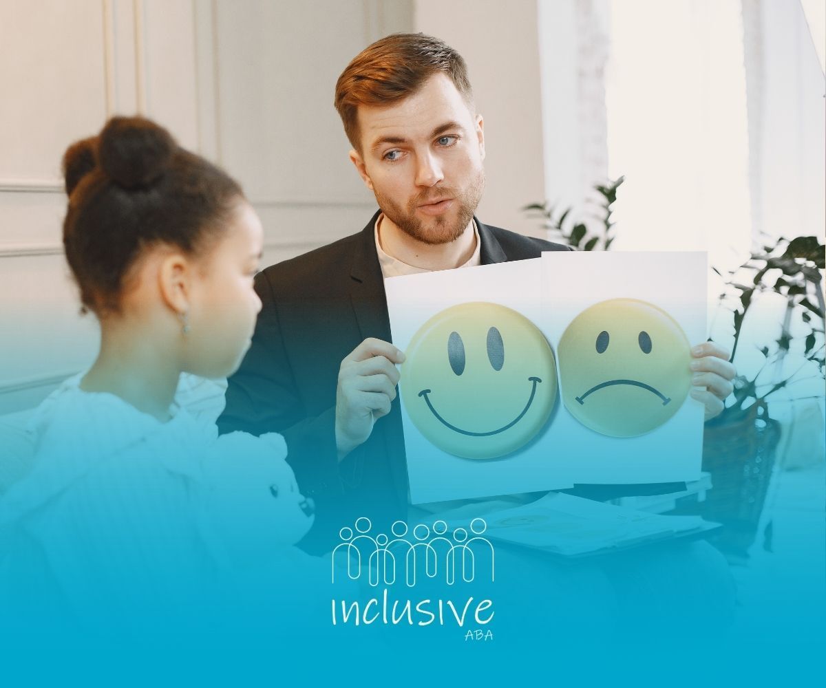 Man showing a happy and sad face to a child in an office setting.