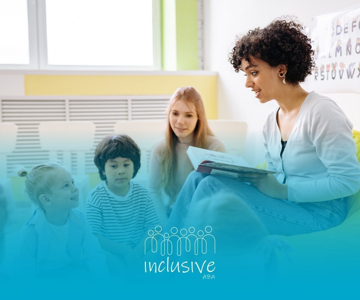 A teacher reading to children in a bright classroom with the Inclusive logo below.