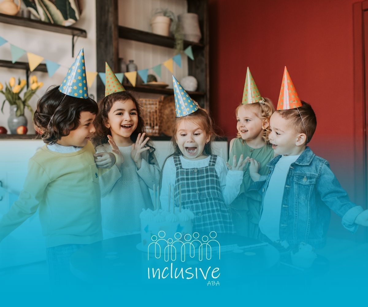 Children celebrating a birthday, excited expressions, party hats, cake.