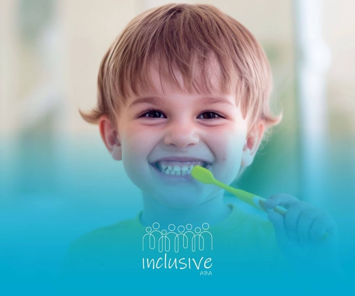 Young child with autism smiling while brushing their teeth with a yellow toothbrush.