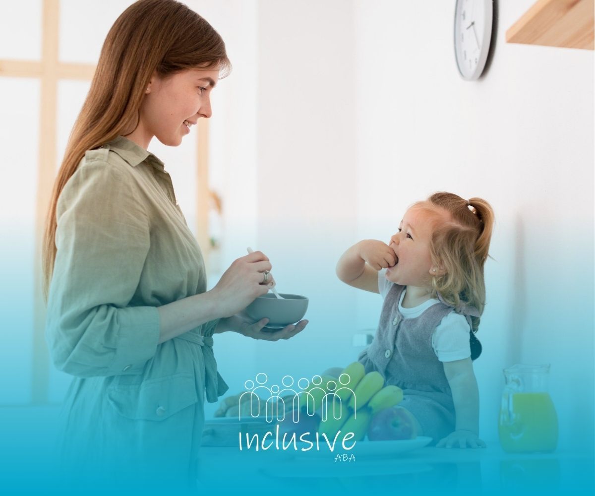 A mother is feeding her autistic child a bowl of porridge.