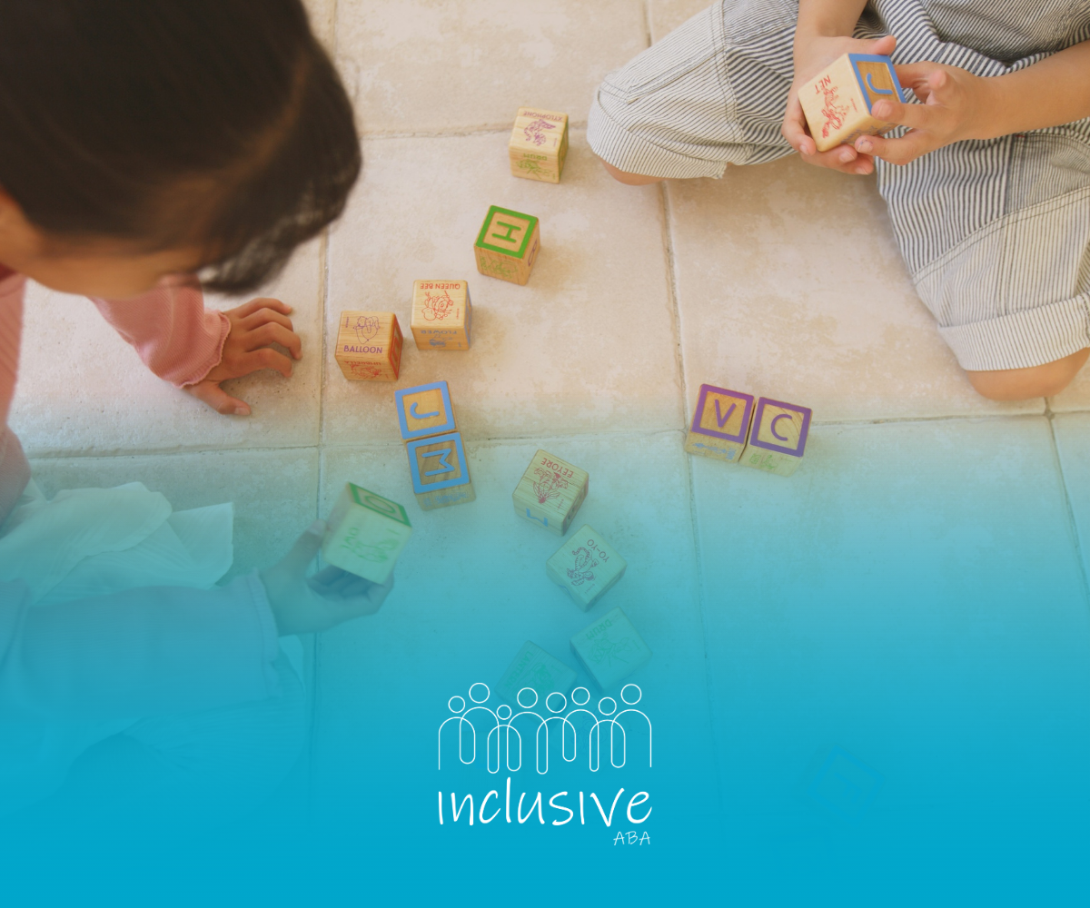 Two children playing with alphabet blocks on a tiled floor. Blue gradient in the bottom.