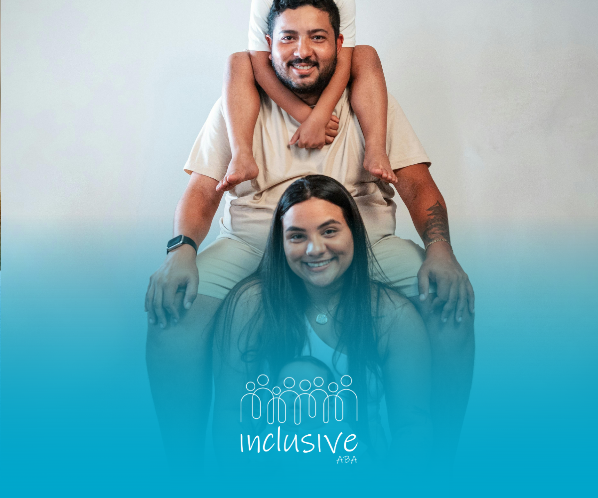 A child sits on a man's shoulders, while a woman smiles in front of them against a blue gradient background with a logo.