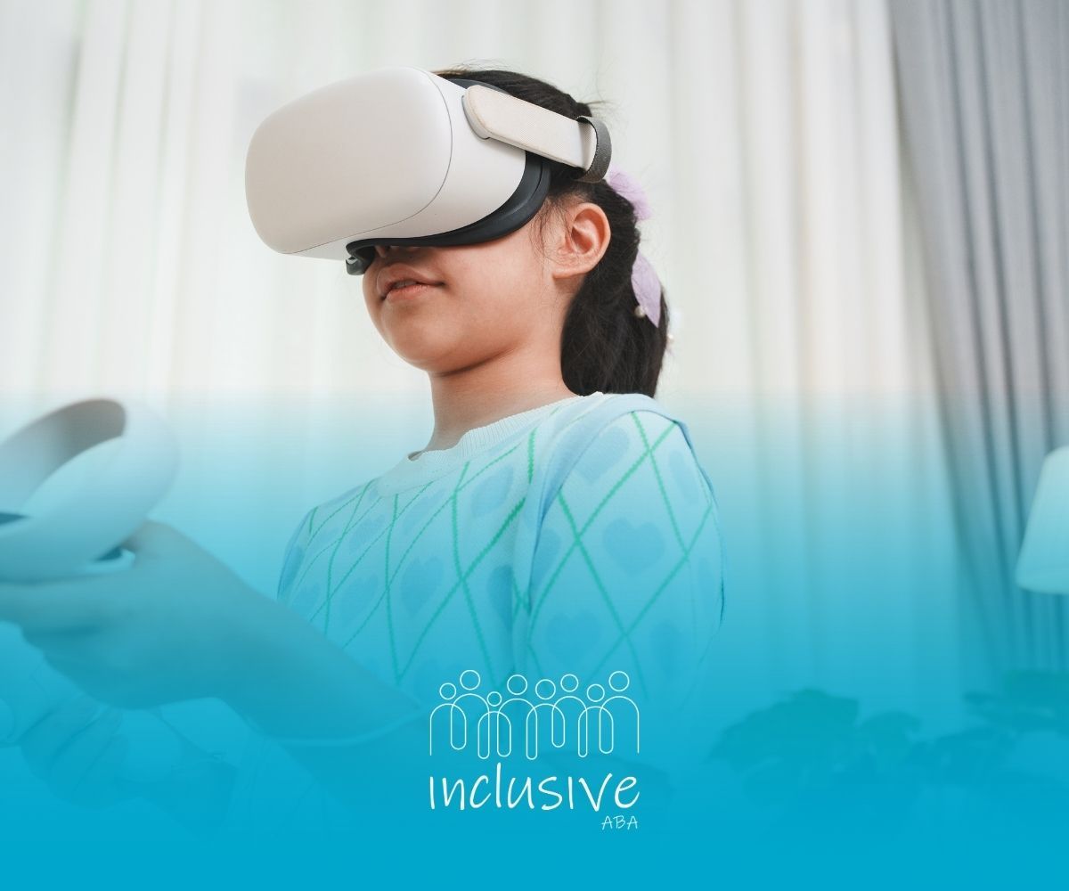 Girl wearing VR headset, smiling. Hands holding controllers, blue background.