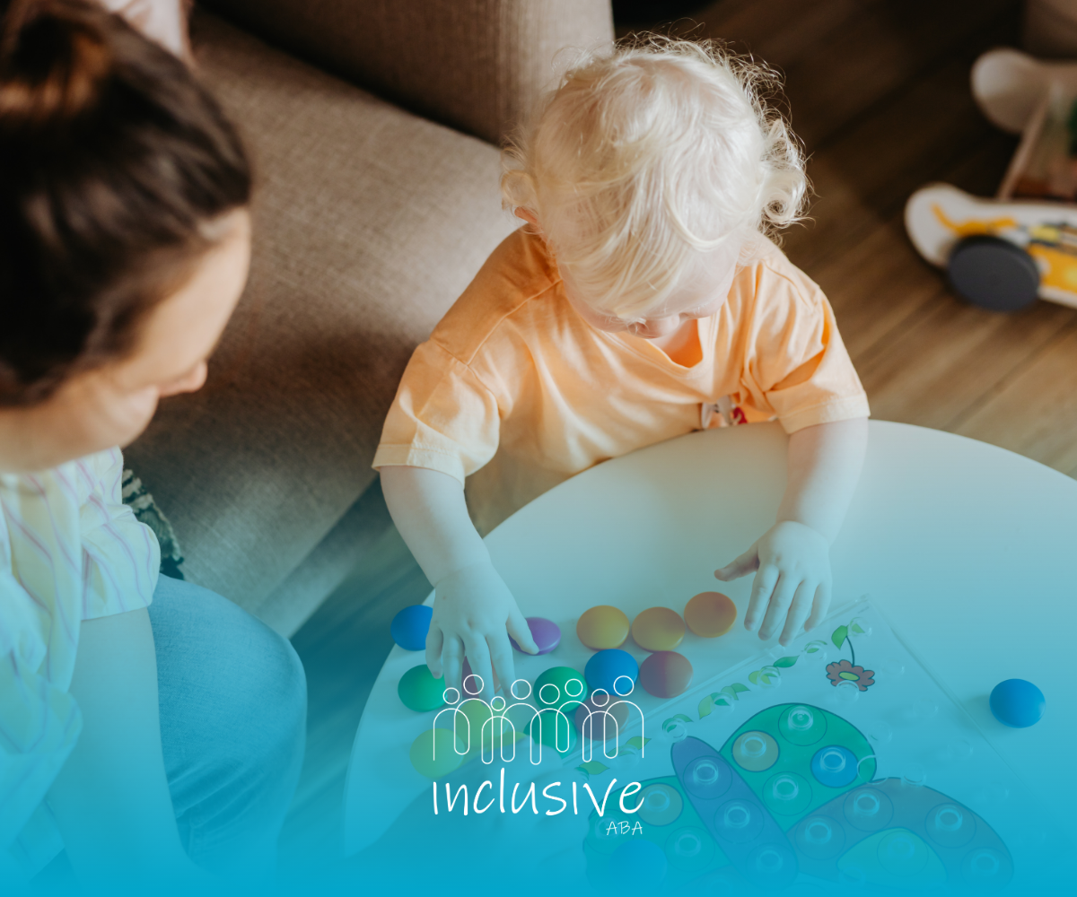 Toddler and adult playing with a colorful button peg board at a low table in a living room.