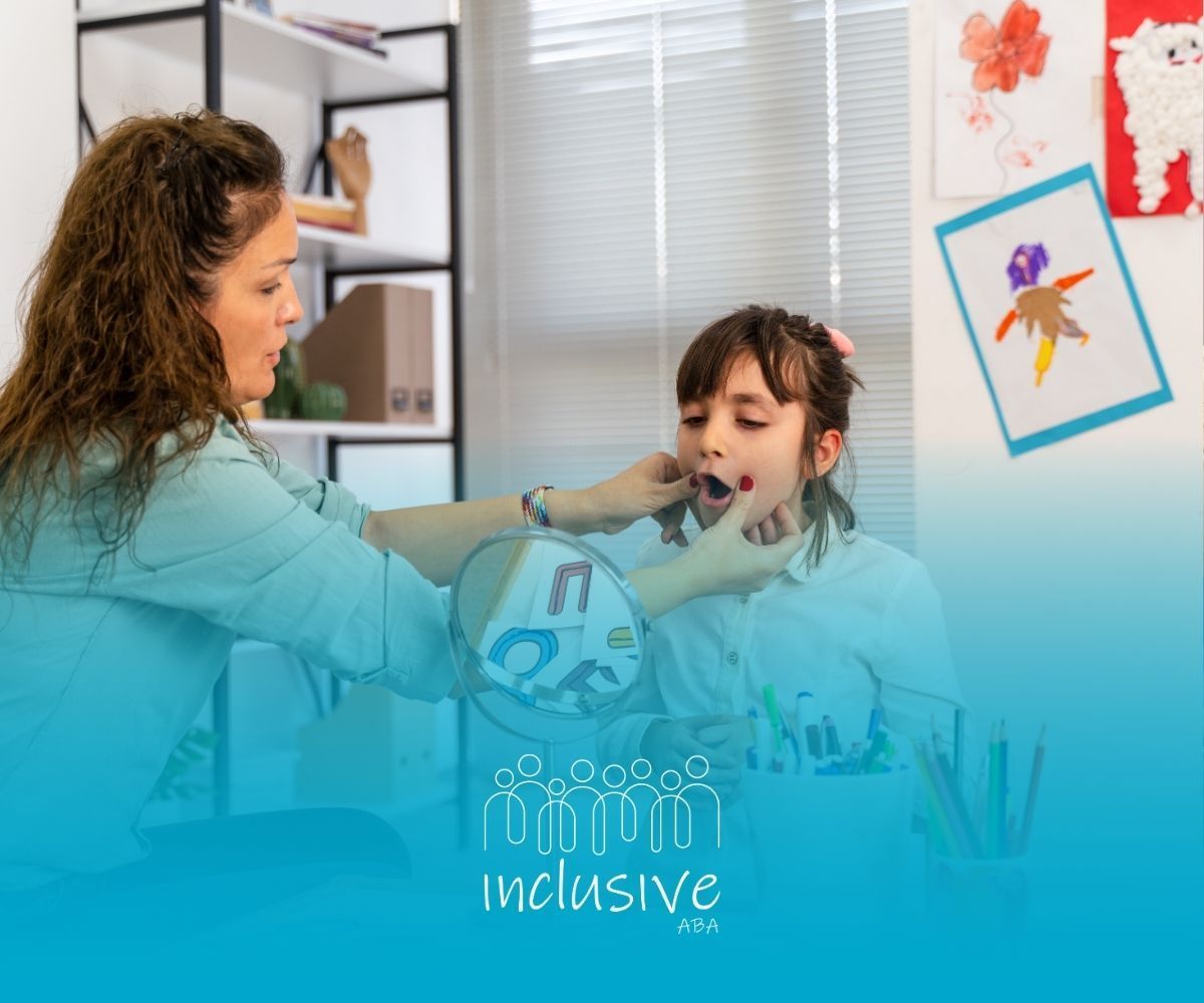 A woman is looking at a child 's face in a mirror.