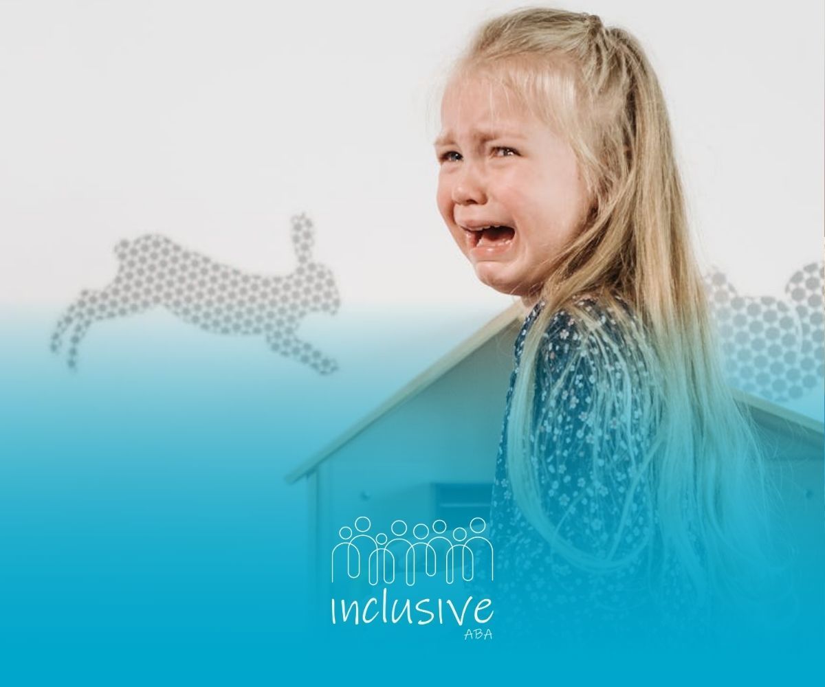 Autistic girl crying and having meltdown while standing near a dollhouse during ABA therapy in CO.