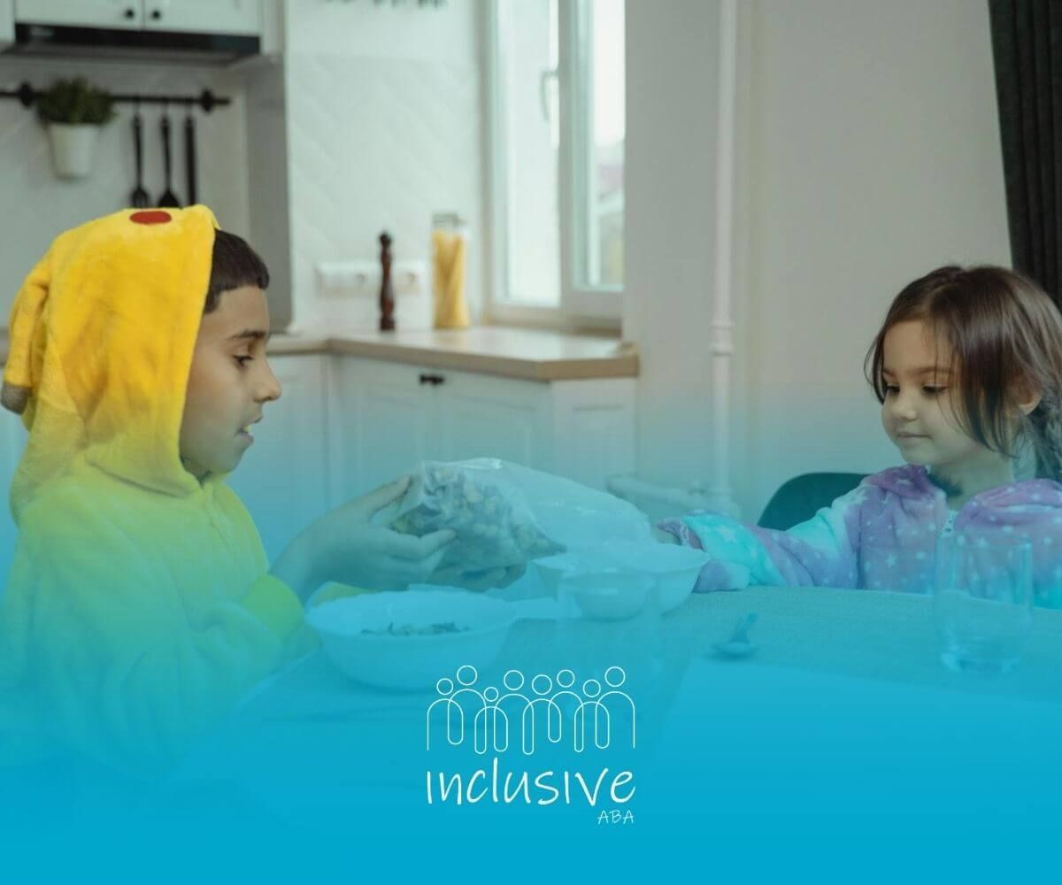 Autistic Kids wearing colorful pajamas having breakfast together at table after ABA Therapy.