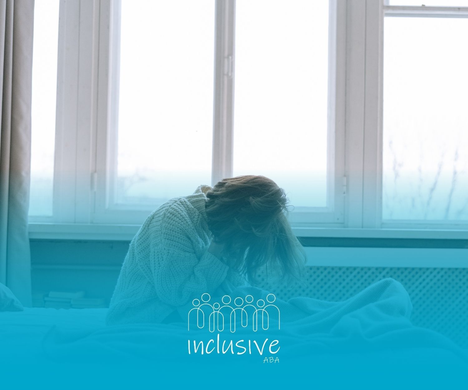 Person sitting on bed, head in hands; near window. Blue overlay with 