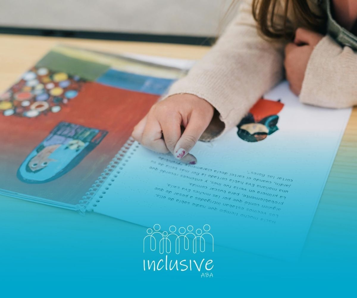 Autistic child reading a colorful Braille picture book on a table during in-home ABA therapy in CO.