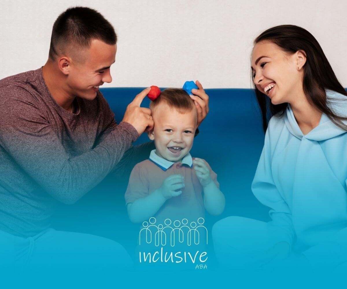 Parents engaging in play-based ABA therapy activity with their young child.