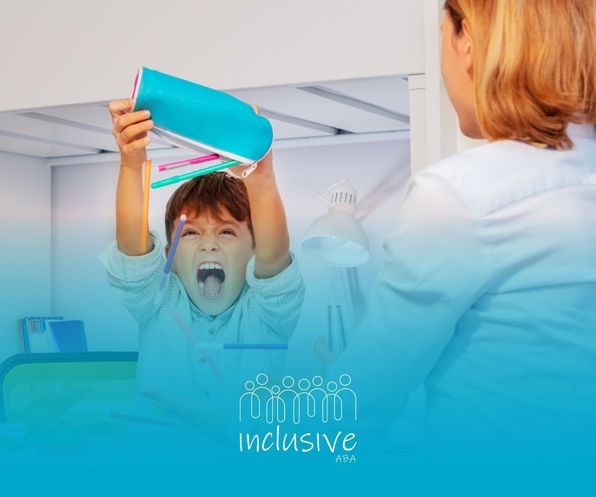 Boy yelling, holding toothbrush container, dentist looking on. Setting appears to be dental office, with teal accents.