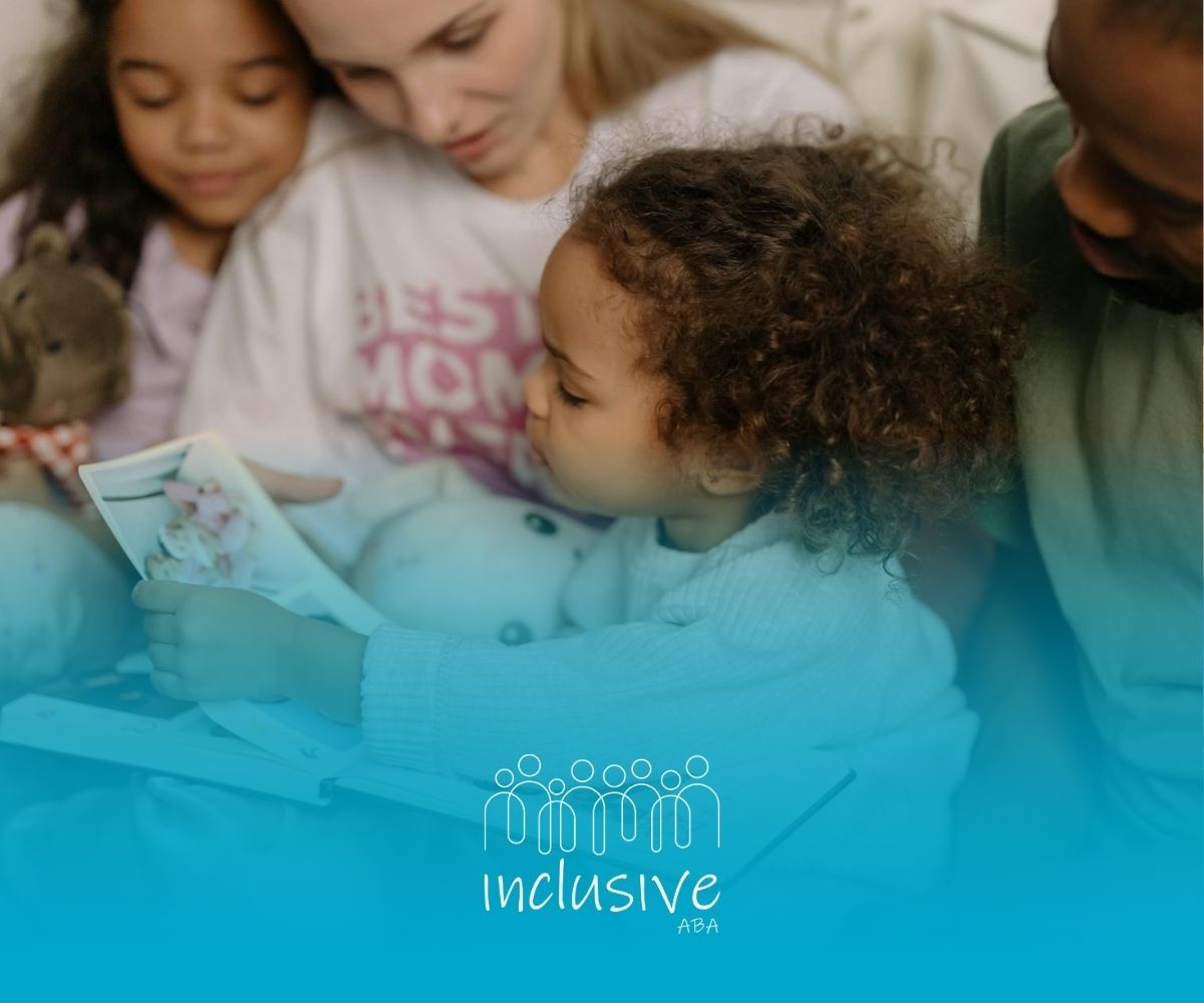 Parents with autistic children sitting together, focused in reading a picture book in Nebraska.