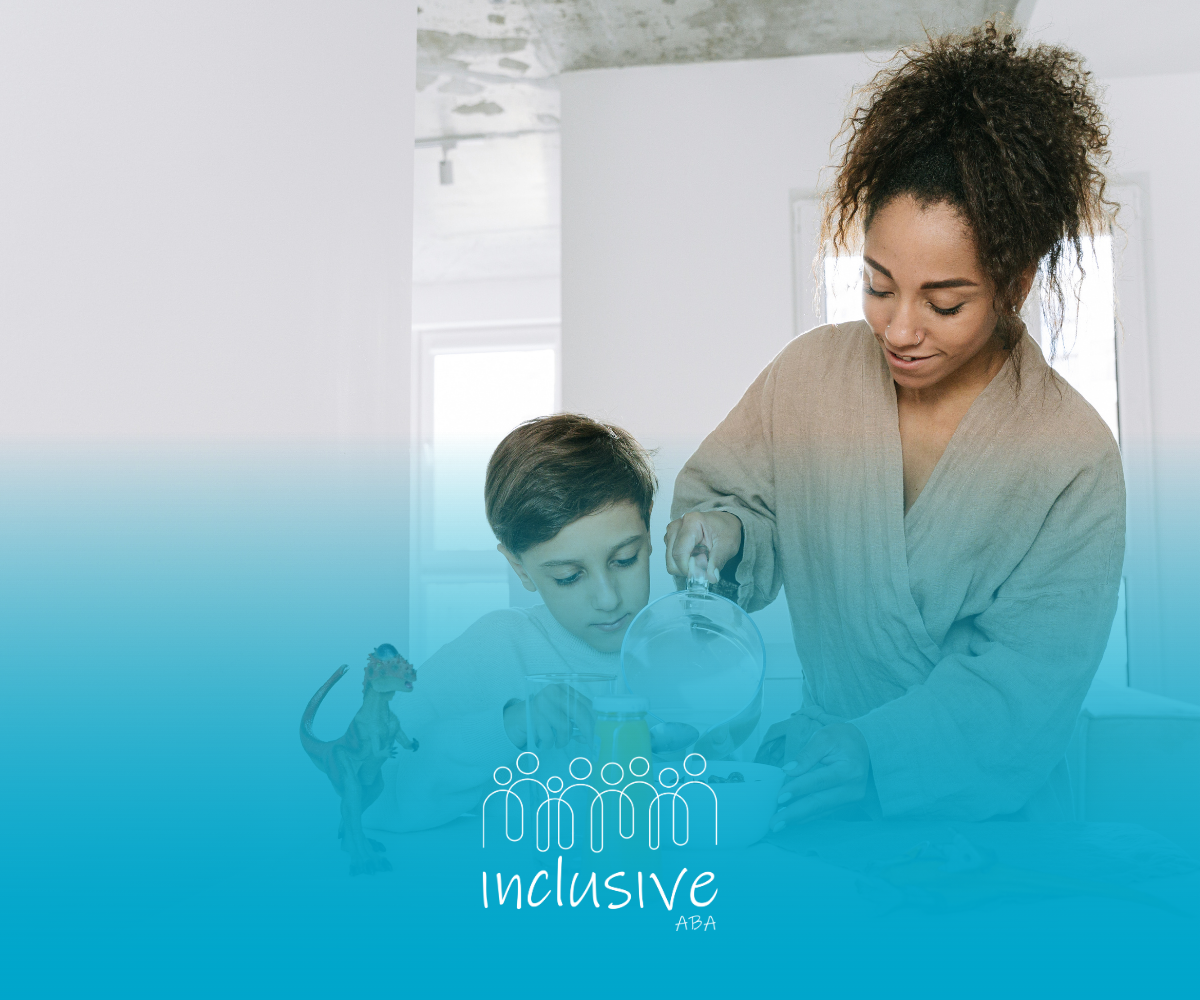 Woman in robe assisting a child at a table. Blue gradient with 