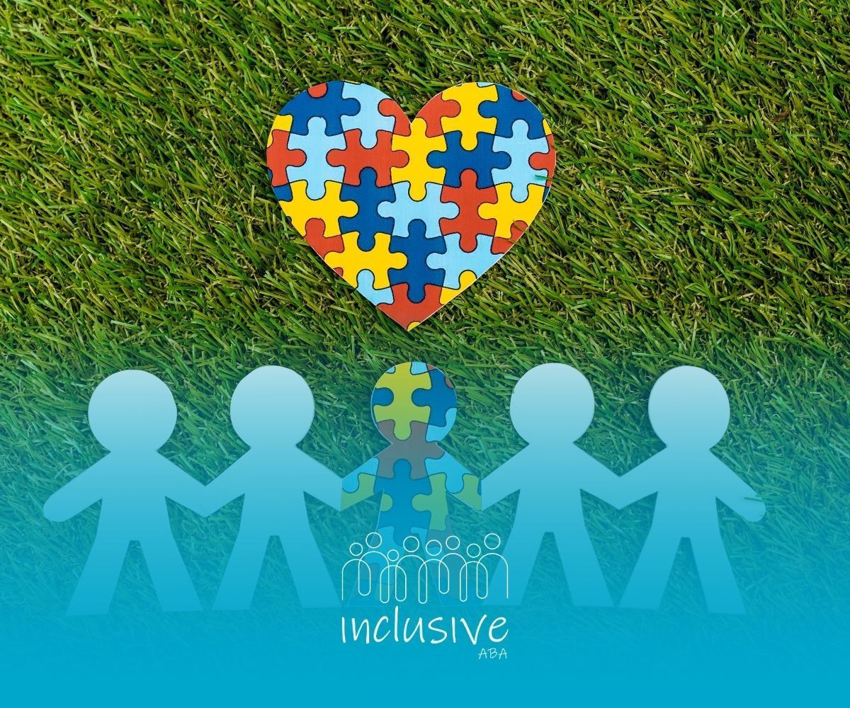 Heart-shaped puzzle, person shapes holding hands, one with puzzle pieces. Green grass background. 