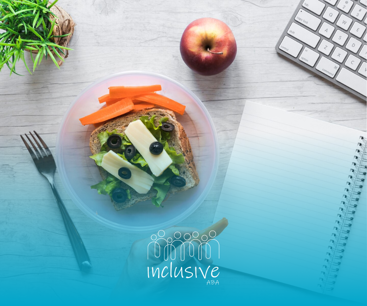 A plate of food on a table next to a keyboard and a notebook.