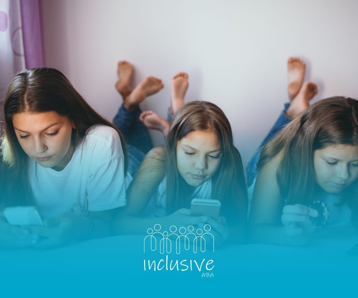 Three people lying on a bed looking at phones; blue overlay with 