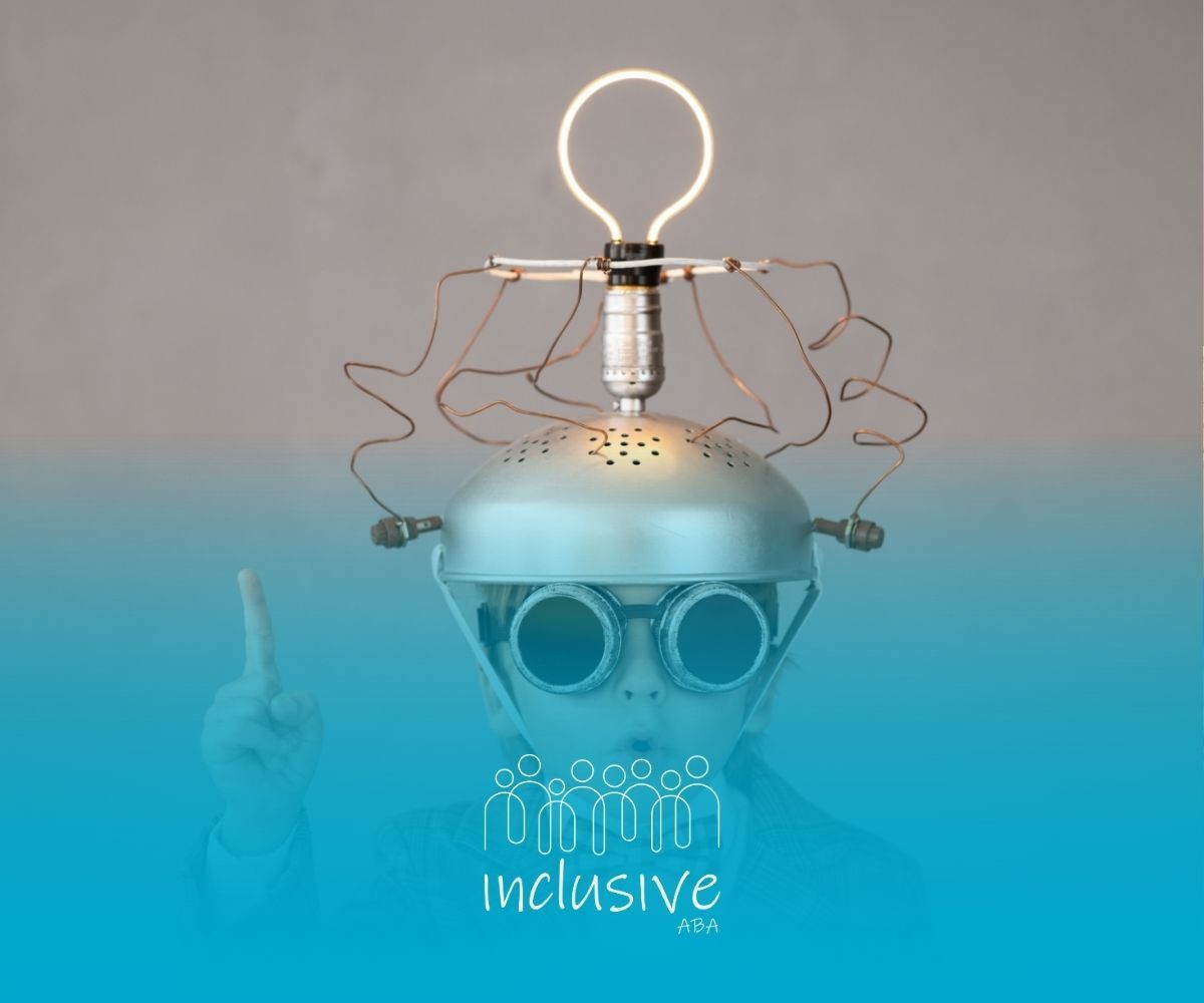 A person with a lightbulb head, finger up, wearing goggles and a metal helmet; 