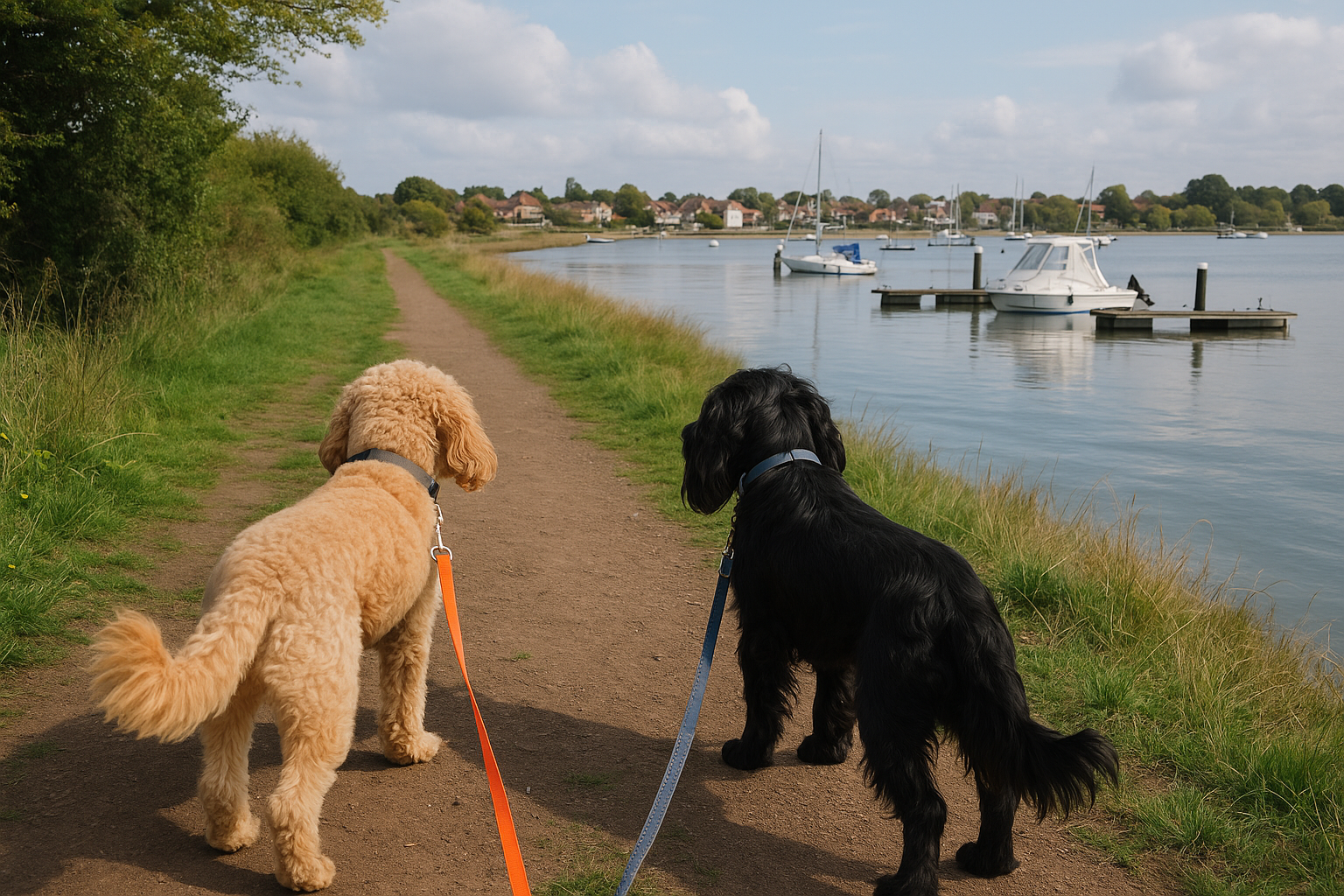 Dogs walking along Solent Way coastal path in Emsworth