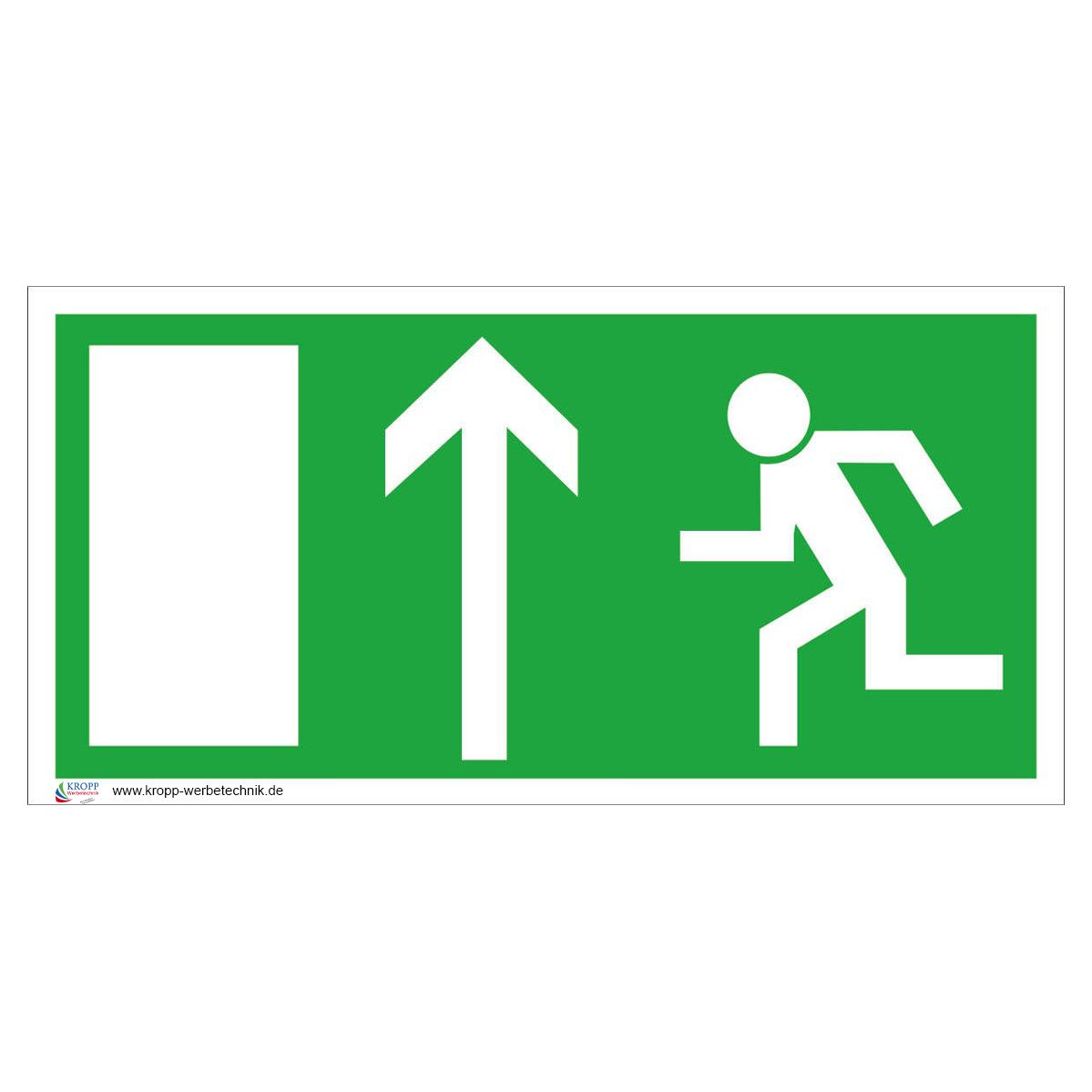 Ein grünes Ausgangsschild mit einem nach oben zeigenden Pfeil und einem laufenden Mann.