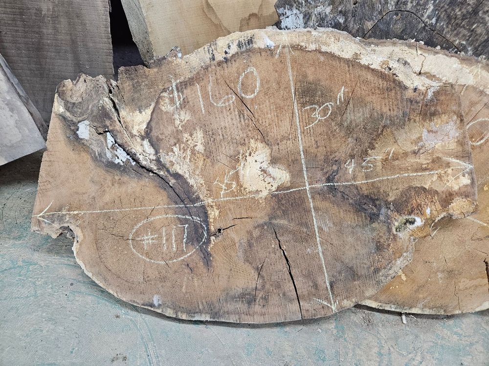 Cross-section of a wood log with visible cracks, markings, and numbers written in white.