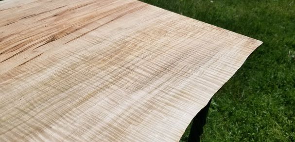 A piece of wood is sitting on top of a lush green field.