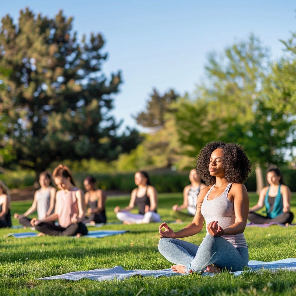 Outdoor Yoga class seated in meditation