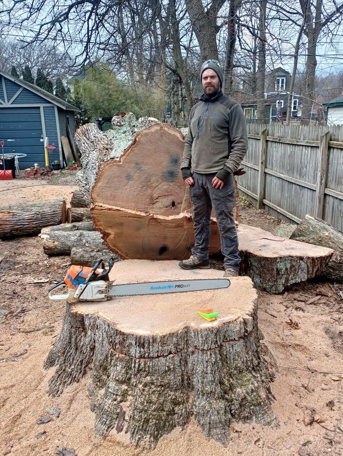 a man is cutting a tree with a crane .