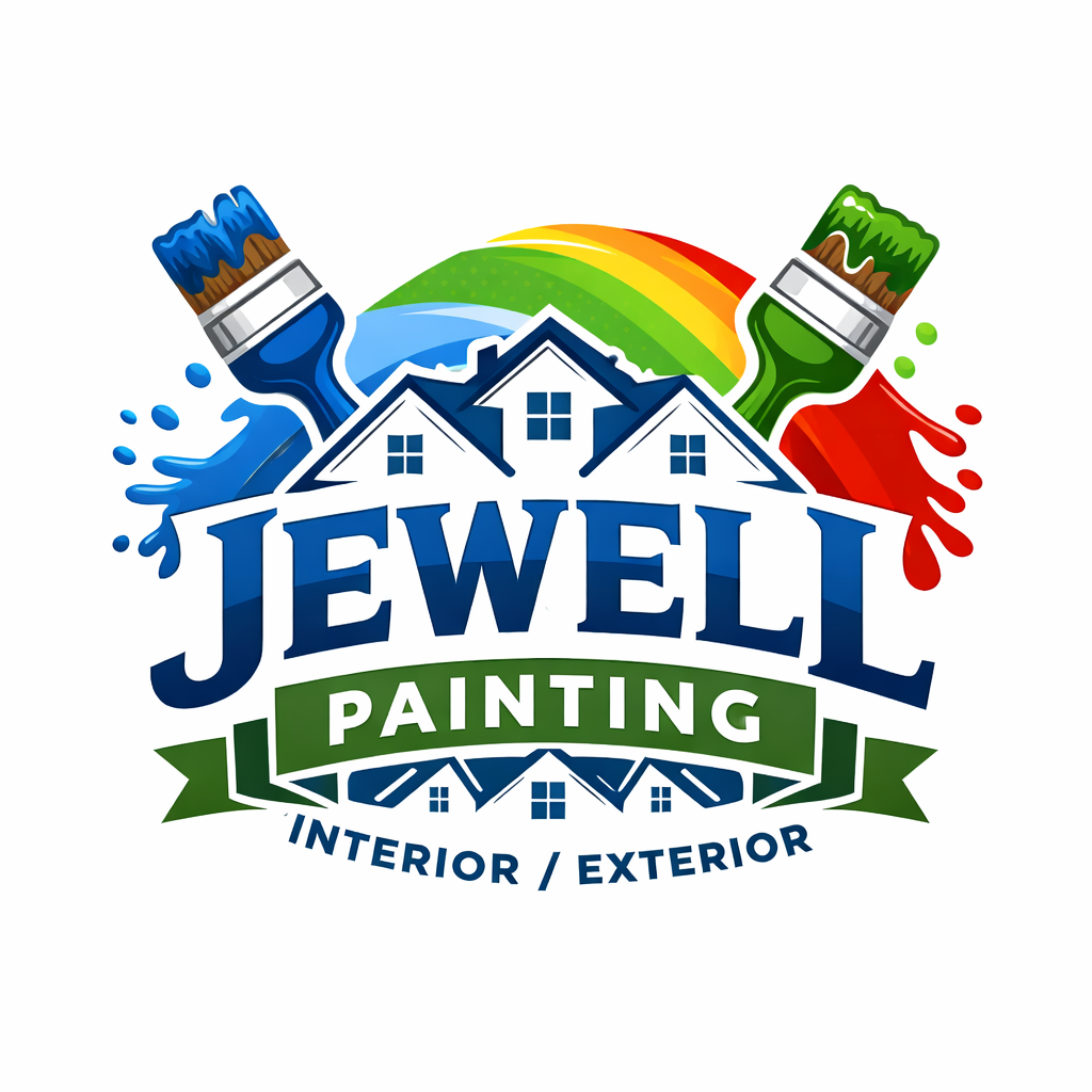 Jewell Painting logo with paintbrushes, colorful paint splatters, houses, and a rainbow.