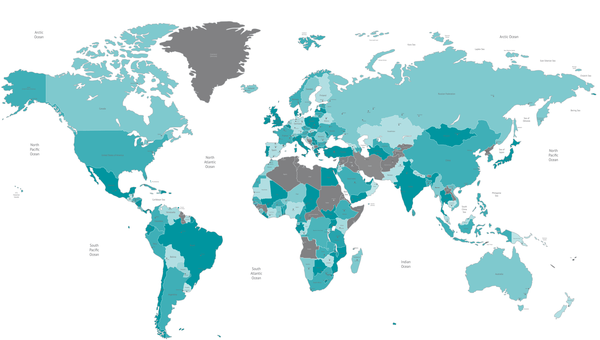 Um mapa do mundo azul e cinza em um fundo branco.