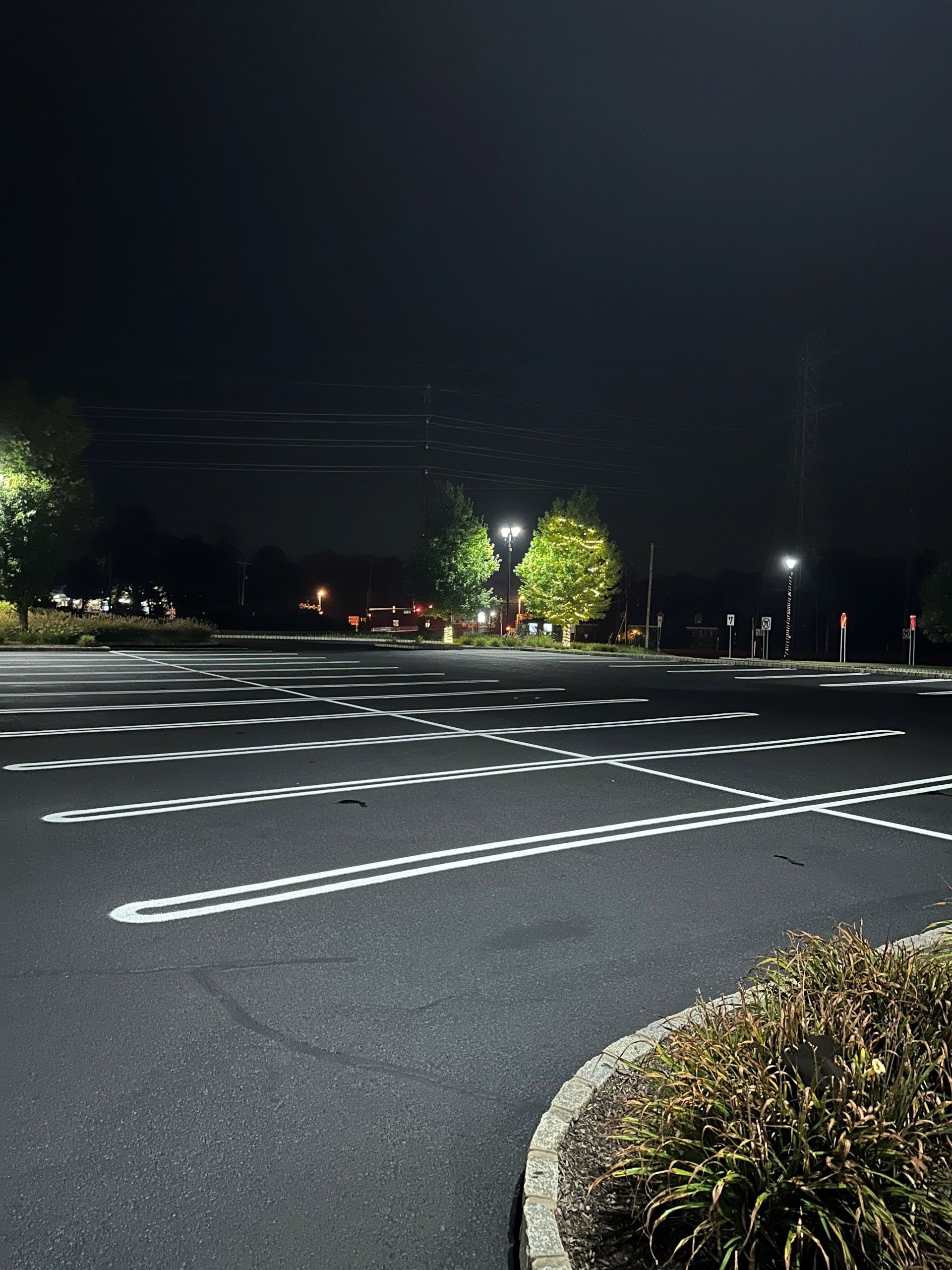 A parking lot is lit up at night with trees in the background