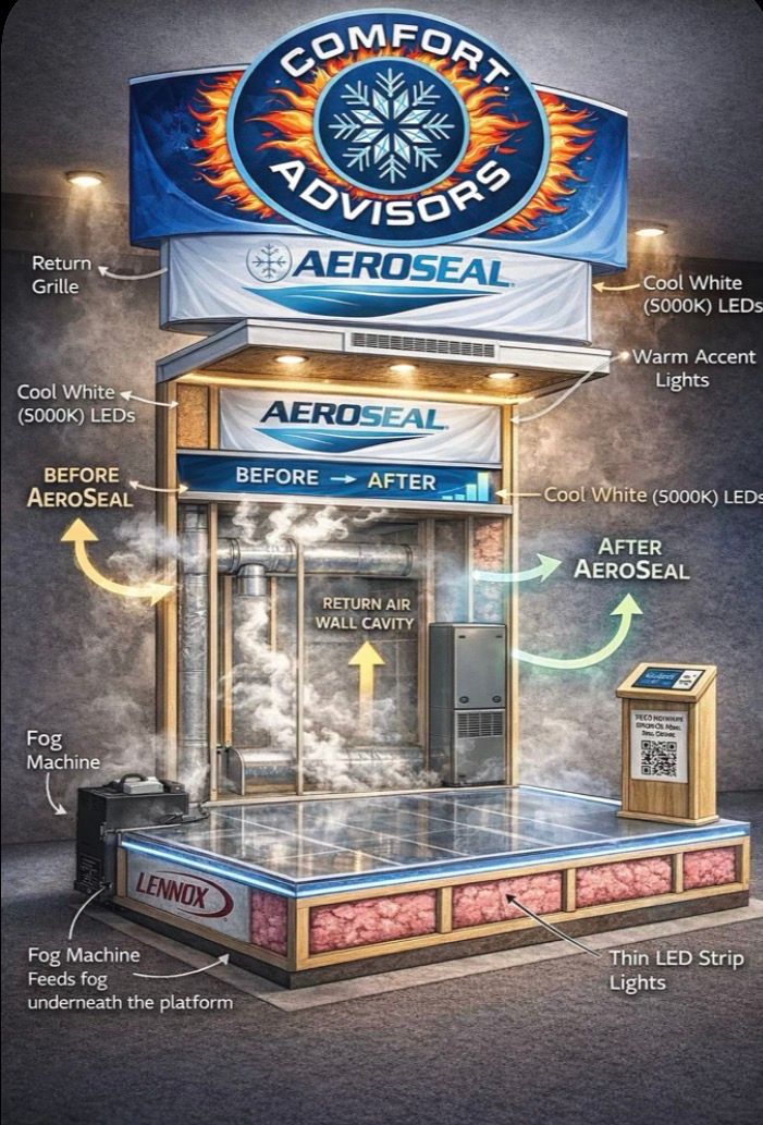 Diagram of an AeroSeal display: a booth with lights, signage, and airflow paths illustrating a comfort advisory system.