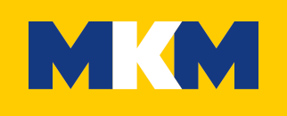 A blue and white mkm logo on a yellow background
