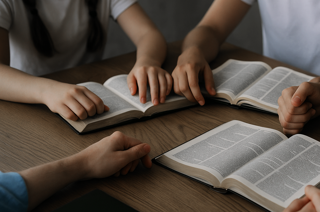 Hands on open Bibles on a wooden table.