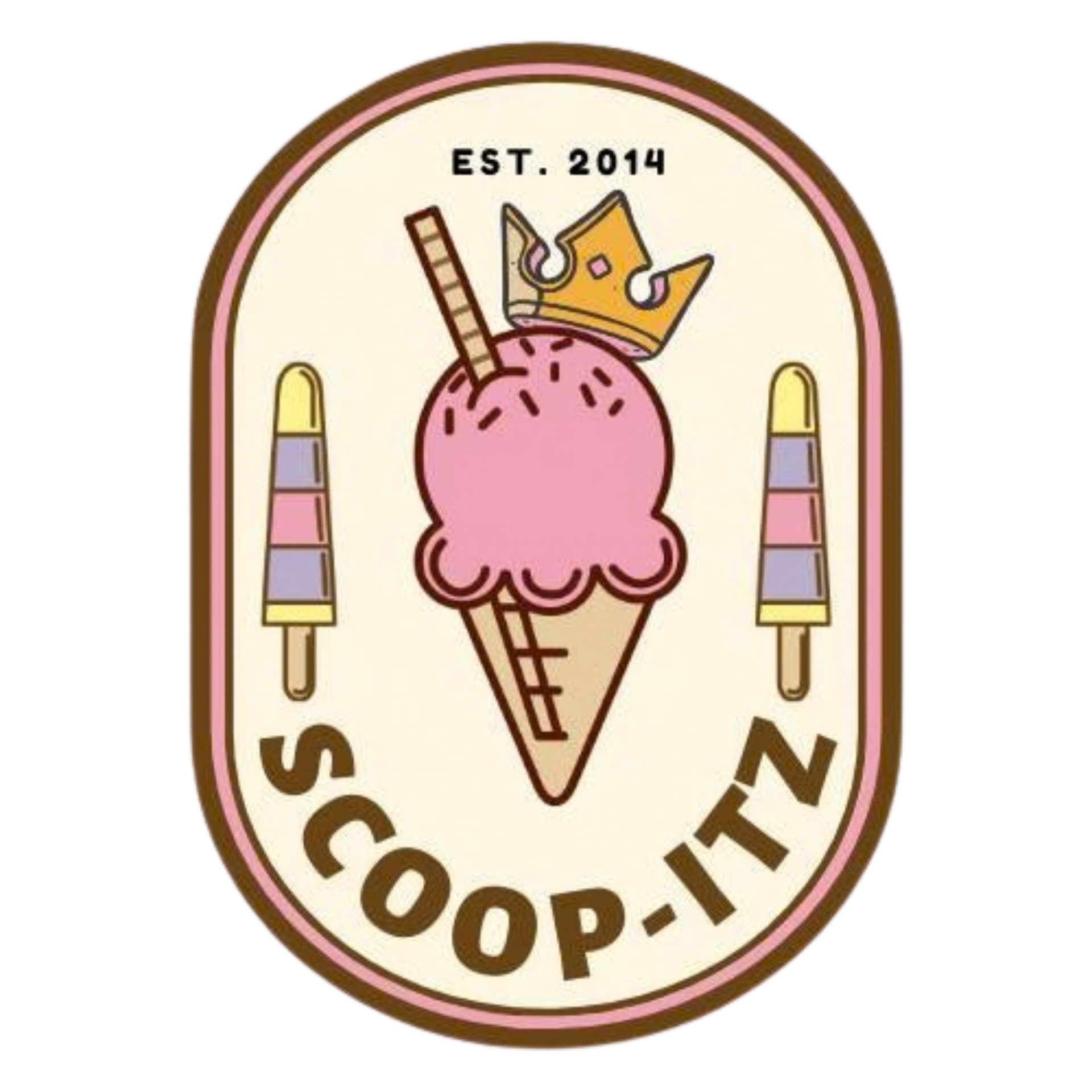 Logo for Scoop-Itz ice cream shop with a pink ice cream cone, crown, and popsicles.