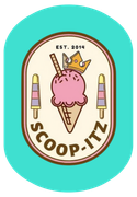 Logo for Scoop-Itz ice cream shop with a pink ice cream cone, crown, and popsicles.