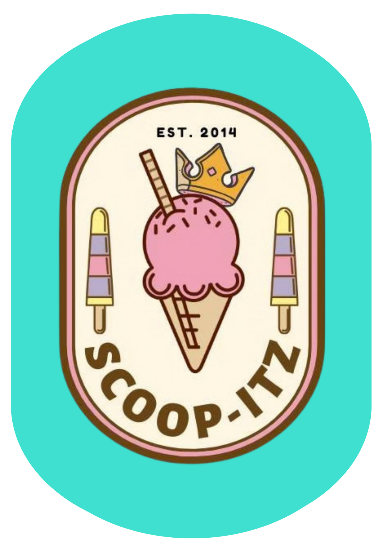 Logo for Scoop-Itz ice cream shop with a pink ice cream cone, crown, and popsicles.