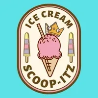 Logo featuring a pink ice cream scoop in a cone with a crown and two popsicles, surrounded by the text "ICE CREAM SCOOP-ITZ."