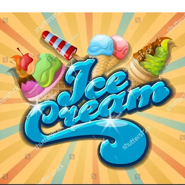 "Ice Cream" text in blue bubble letters, surrounded by assorted ice cream cones and a popsicle on a sunburst background.